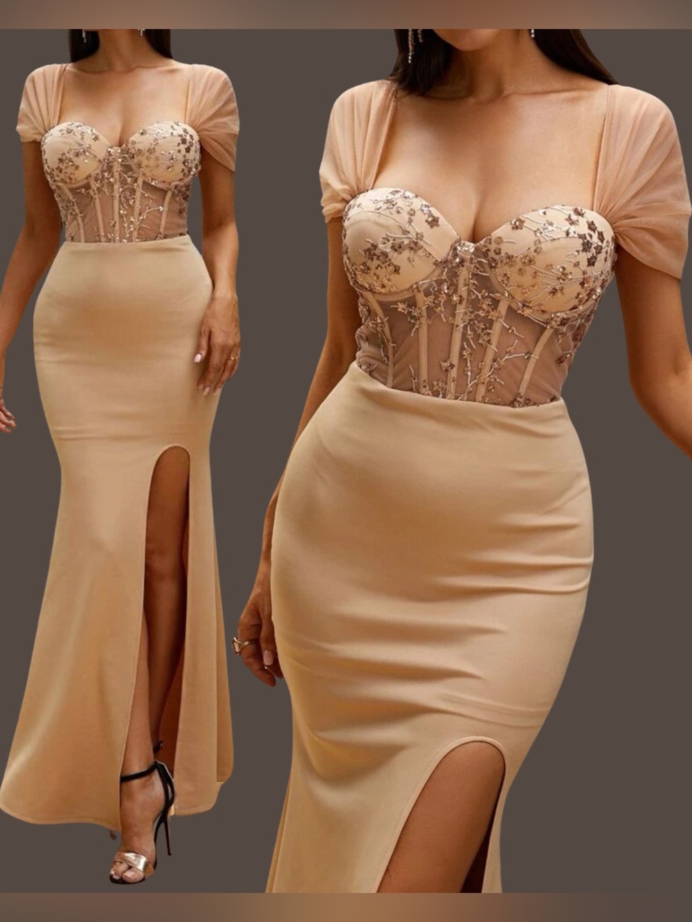 Beige Embellished Mesh Corset Maxi Dress with Cap Sleeves